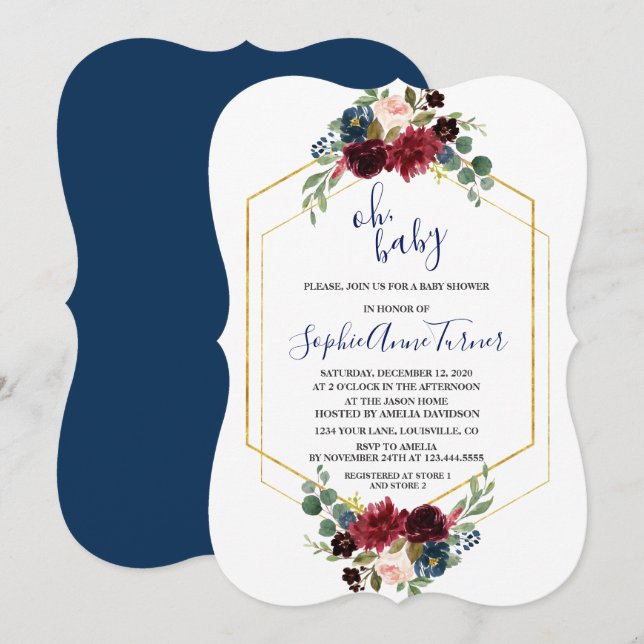 Invitation Oh BABY Bourgogne Floral Baby shower Hexagon or (Devant / Derrière)