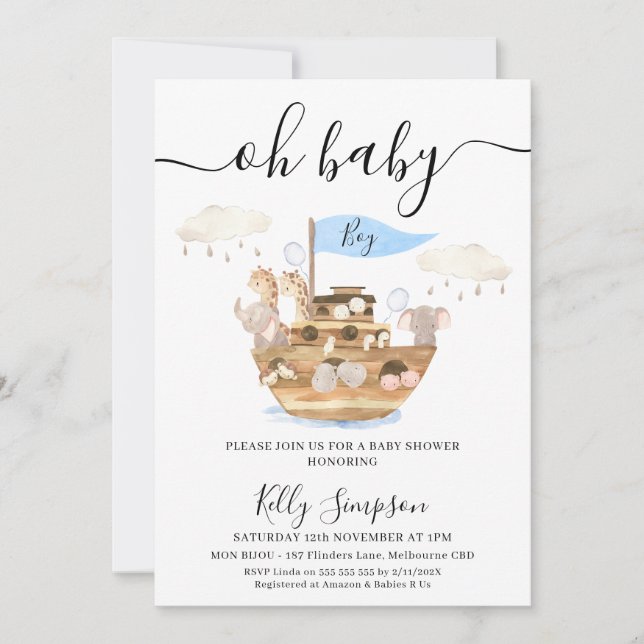 Invitation Oh Baby Boys Noahs Arch Baby shower (Devant)