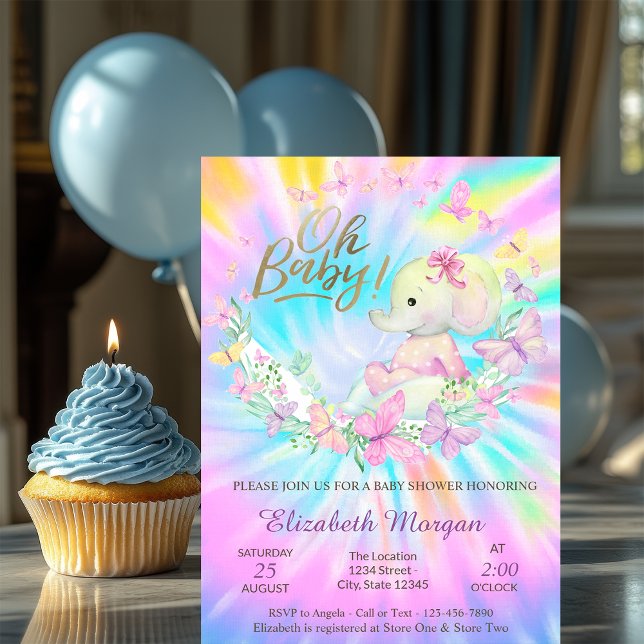 Invitation Oh Baby Butterflies Elephant Tie DyeBaby Shower    (Créateur téléchargé)