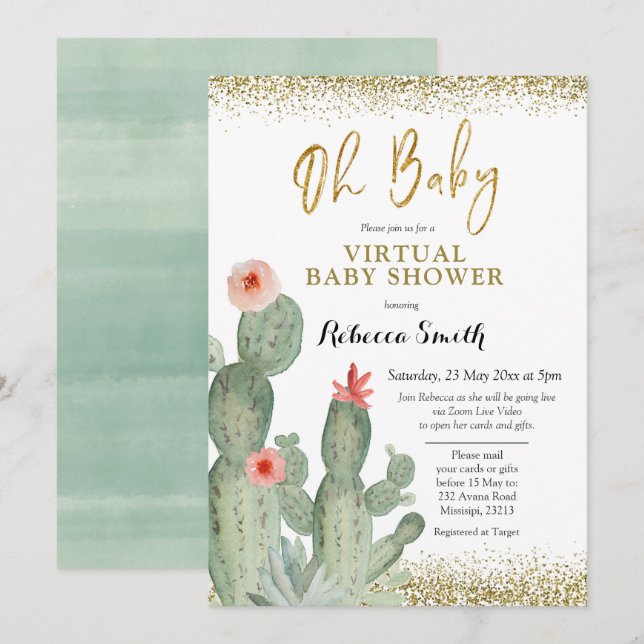 Invitation Oh Baby Cactus Baby shower virtuel (Devant / Derrière)