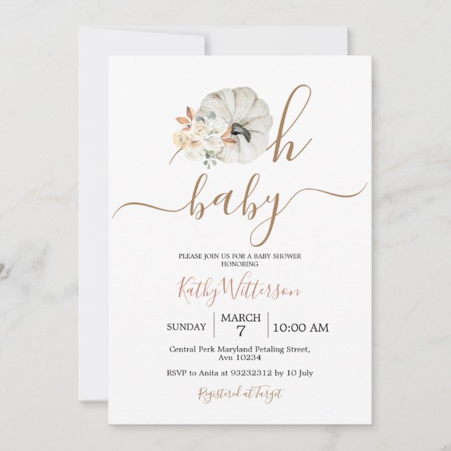 Invitation Oh Baby Citrouille Baby shower floral rustique (Devant)