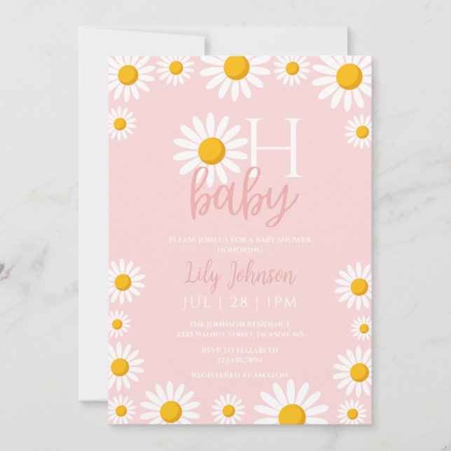 Invitation Oh Baby Daisy Baby shower rose (Devant)