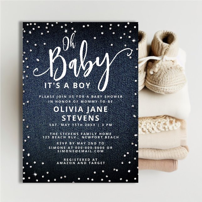 Invitation Oh Baby Denim Diamonds Classy Baby shower garçon (Créateur téléchargé)