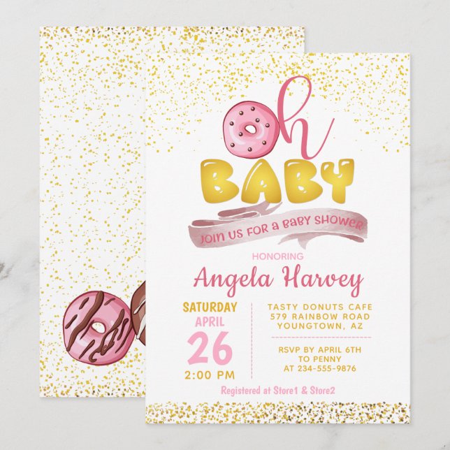 Invitation Oh Baby Donuts Gold Parties scintillant Baby showe (Devant / Derrière)