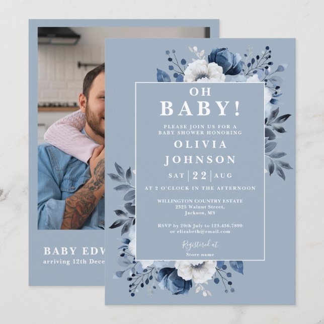 Invitation Oh Baby Dusty Blue Floral Photo QR Baby shower (Devant / Derrière)
