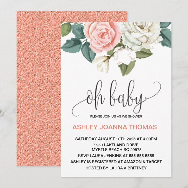 Invitation Oh Baby Elegant Coral Flowers Baby shower (Devant / Derrière)