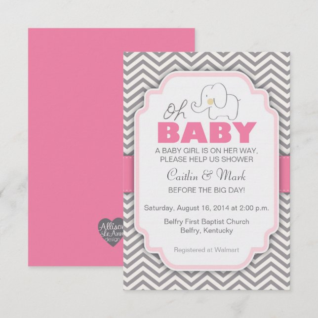 Invitation Oh Baby Elephant - Baby shower rose et gris Invita (Devant / Derrière)