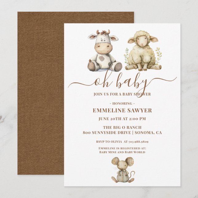 Invitation Oh Baby Farm Animals Baby shower (Devant / Derrière)
