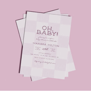 Invitation Oh Baby Fête Rose Moderne pour Bébé à Carreaux