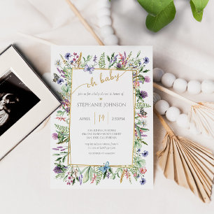 Invitation Oh Baby Fleur sauvage Garden Gold Frame Baby showe