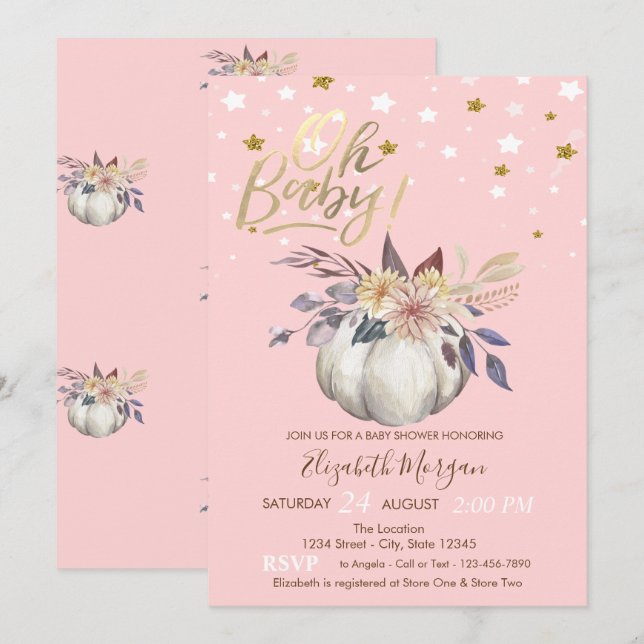 Invitation Oh Baby Floral Citrouille Stars Baby shower (Devant / Derrière)