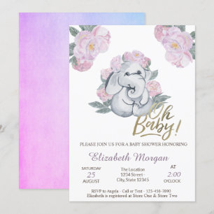 Invitation Oh Baby Floral Elephant Baby shower