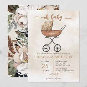 Invitation Oh Baby Genre Neutre Pram Baby shower Boho
