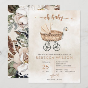 Invitation Oh Baby Genre Neutre Pram Baby shower Boho