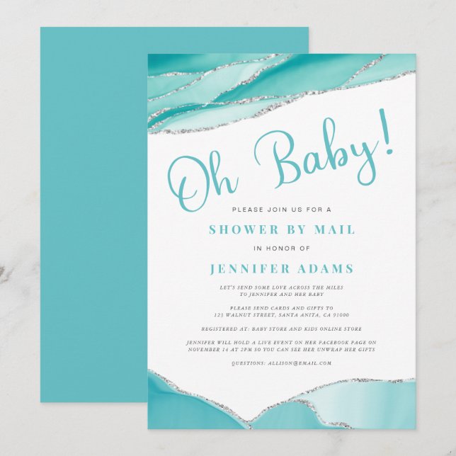 Invitation Oh Baby Geode Douche par Mail Turquoise Argent (Devant / Derrière)