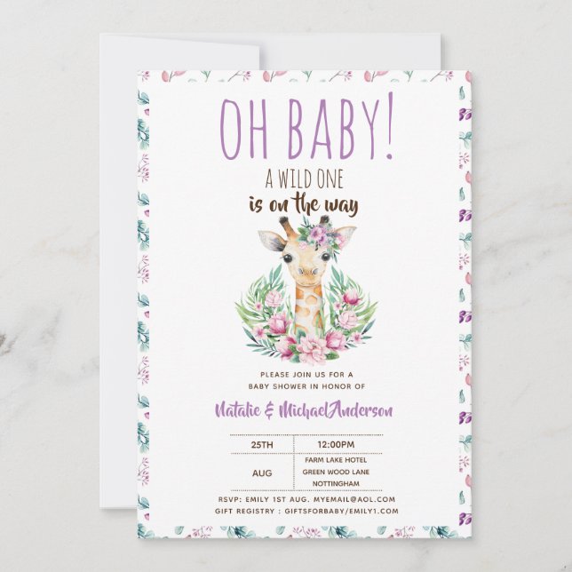 Invitation Oh Baby Giraffe A Wild One Safari Animal Floral (Devant)