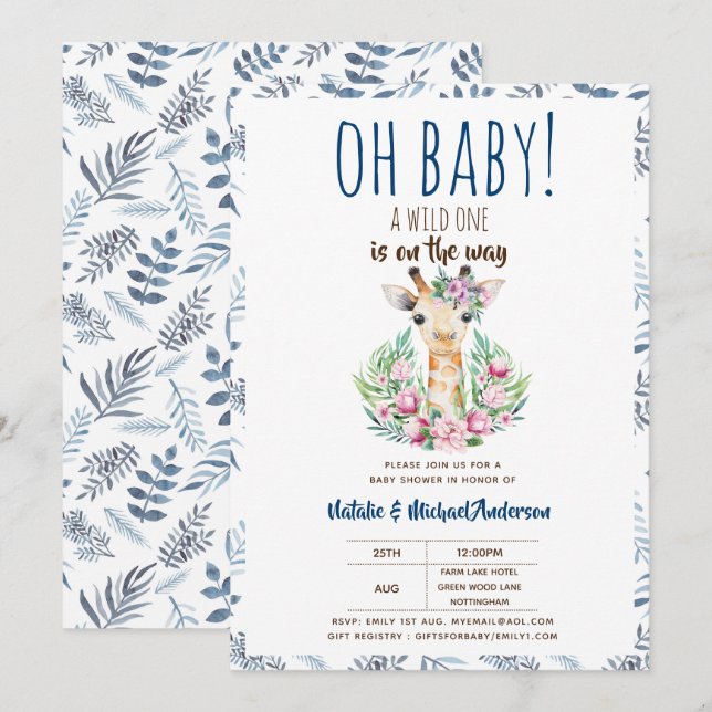 Invitation Oh Baby Giraffe A Wild One Safari Animal Floral (Devant / Derrière)