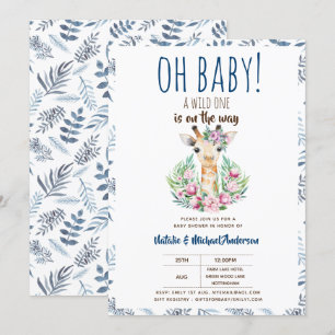 Invitation Oh Baby Giraffe A Wild One Safari Animal Floral