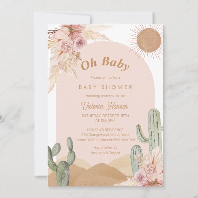 Invitation Oh Baby Girl Desert Baby shower Sud-Ouest Boho (Devant)