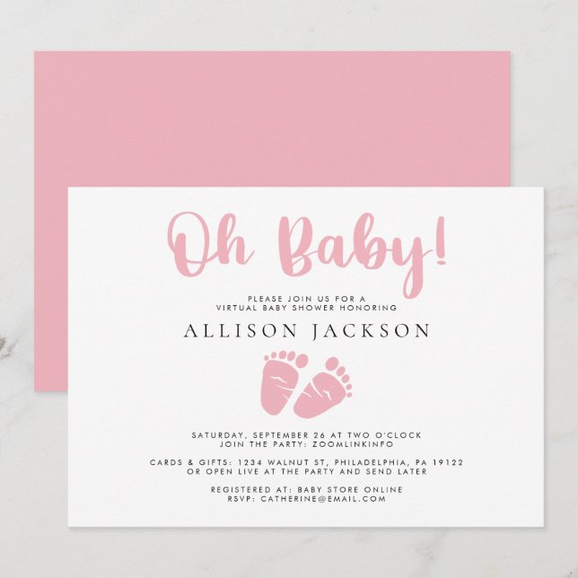Invitation Oh Baby Girl Douche Virtuelle Rose Pieds bébé Simp (Devant / Derrière)
