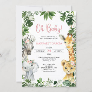 Invitation Oh Baby Girl Jungle Safari Animaux Baby shower