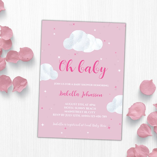 Invitation Oh Baby Girl Pink Nuds Sky Stars Baby shower (oh baby girl pink clouds baby shower invitation)