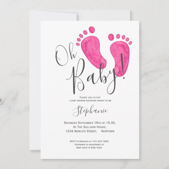 Invitation Oh Baby Girl's rose Baby Baby shower pieds (Devant)