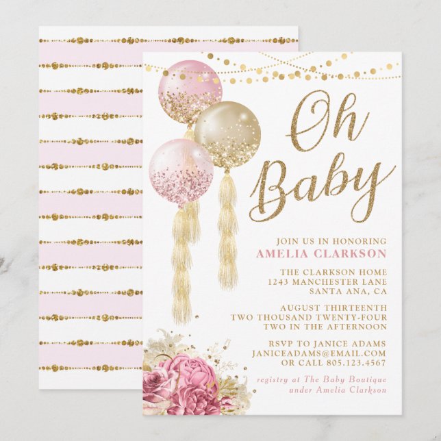 Invitation Oh Baby Gold & Baby shower Ballons Rose (Devant / Derrière)