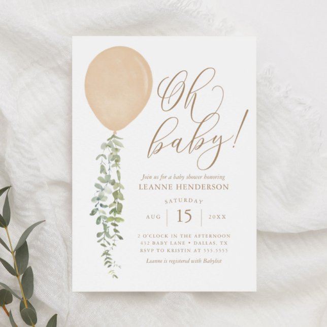 Invitation Oh Baby Gold Balloon Eucalyptus Baby shower Invita (Créateur téléchargé)
