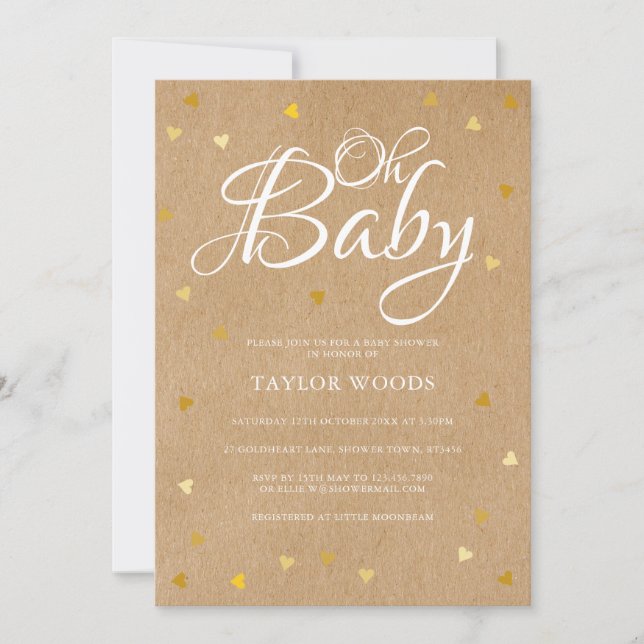 Invitation Oh Baby Gold Hearts Baby shower Rustic Kraft Boho (Devant)