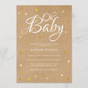 Invitation Oh Baby Gold Hearts Baby shower Rustic Kraft Boho