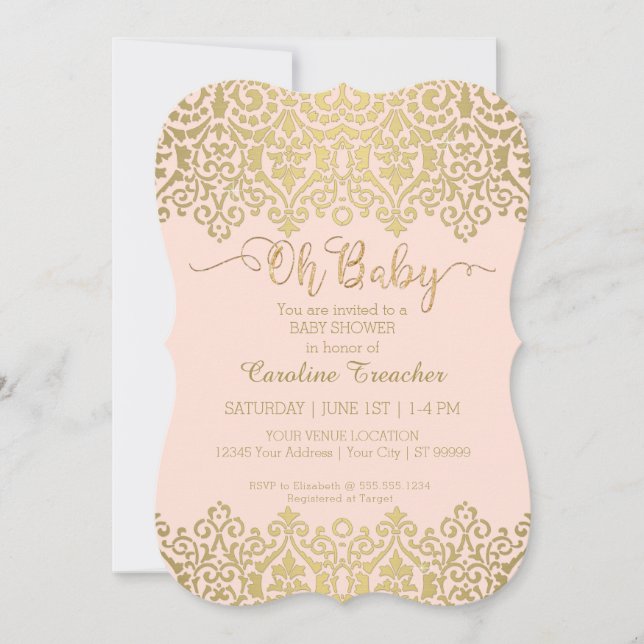 Invitation Oh Baby Gold Script Blush Rose Baby Girl Douche  (Devant)