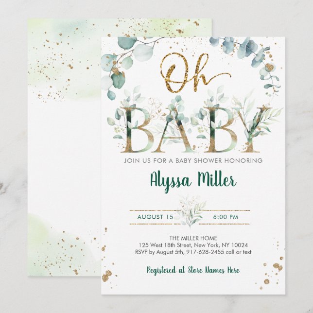 Invitation Oh Baby Green Baby shower Eucalyptus (Devant / Derrière)