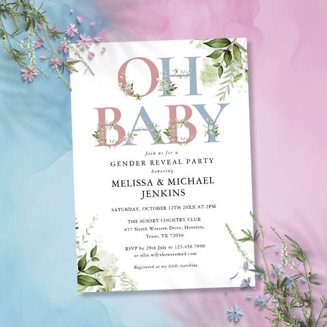 Invitation Oh Baby Greenery Lettre Genre Reveal Party (Oh Baby Greenery Letter Gender Reveal Party Invitation)