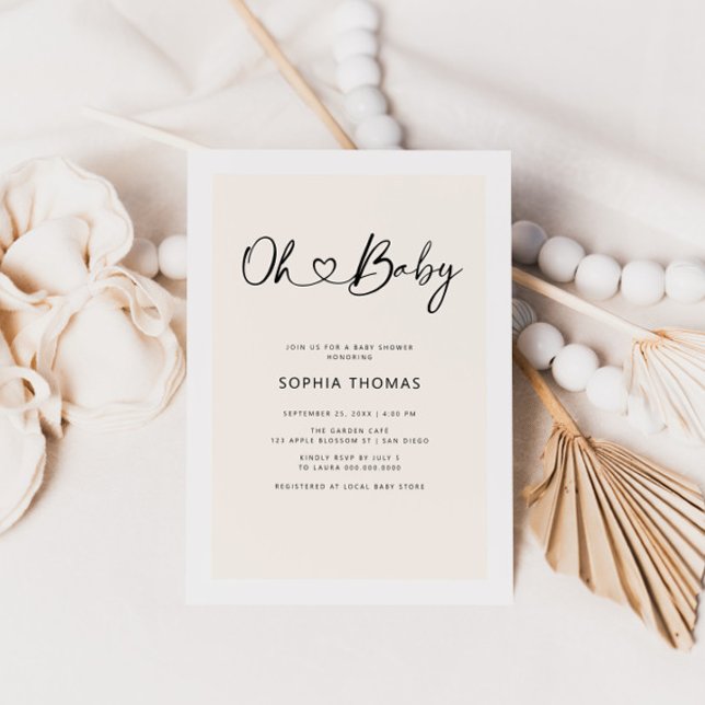 Invitation Oh Baby Heart Font Baby shower beige doux minimal (Créateur téléchargé)
