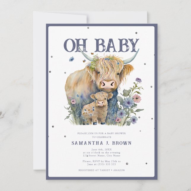 Invitation Oh Baby Highland Cow Élégant Baby shower (Devant)