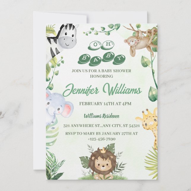 Invitation Oh Baby Jungle Baby shower (Devant)