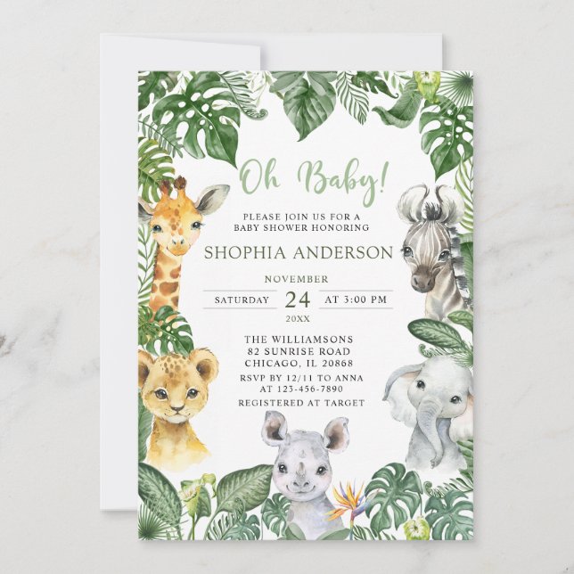 Invitation Oh Baby Jungle Safari Animaux Baby shower (Devant)