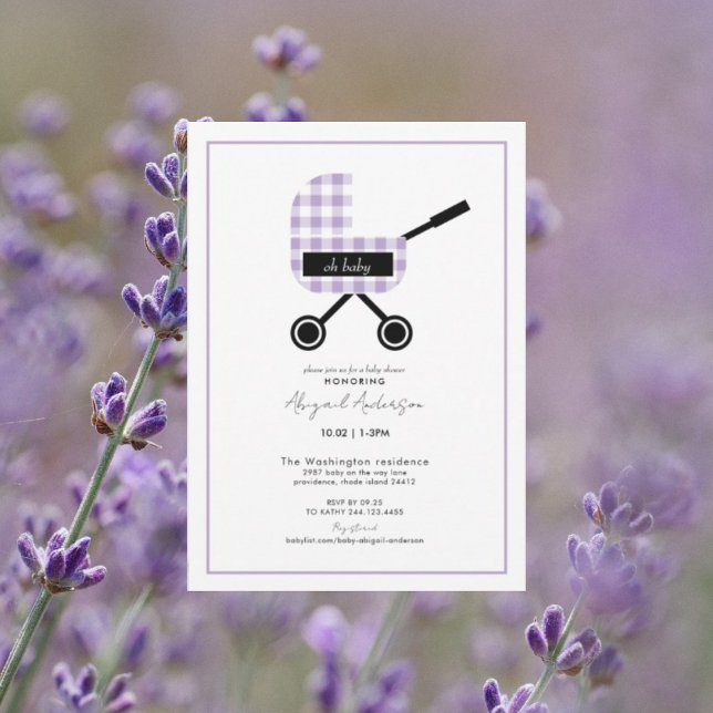 Invitation Oh Baby Lavender En vichy Baby shower Pram (Créateur téléchargé)