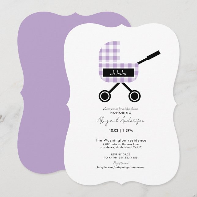 Invitation Oh Baby Lavender En vichy Pram Baby shower Bracket (Devant / Derrière)