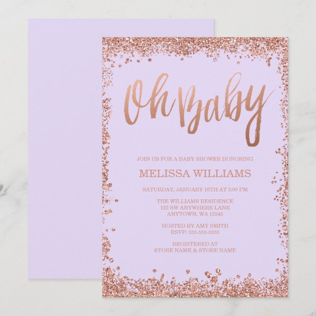 Invitation Oh Baby Lilac Faux Rose Parties scintillant d'or B (Devant / Derrière)
