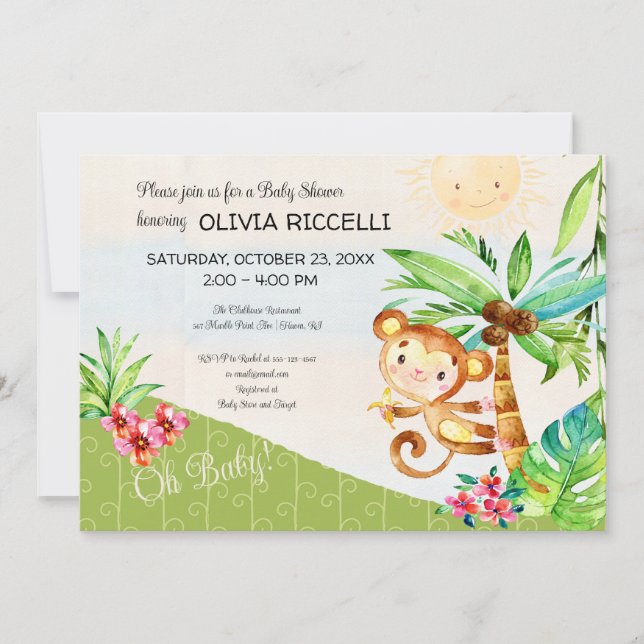 Invitation Oh Baby mignon baby shower jungle singe (Devant)