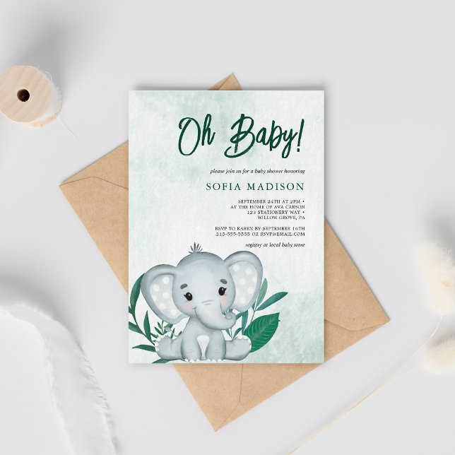 Invitation Oh Baby mignon Eléphant Baby shower vert (Créateur téléchargé)