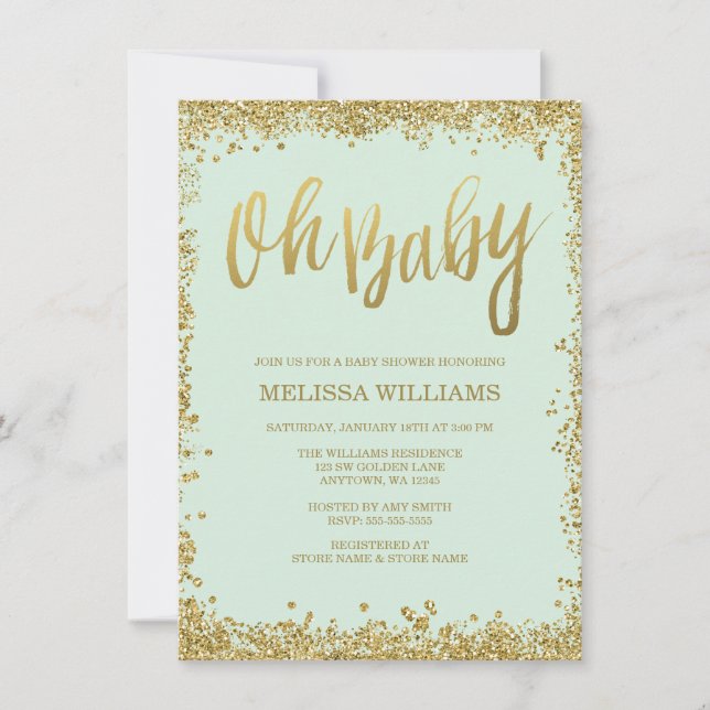 Invitation Oh Baby Mint Gold Parties scintillant Baby shower (Devant)