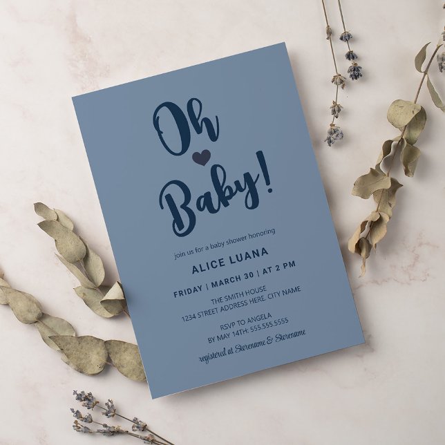 Invitation Oh Baby Moderne Simple Dusty Blue Baby shower garç (Créateur téléchargé)