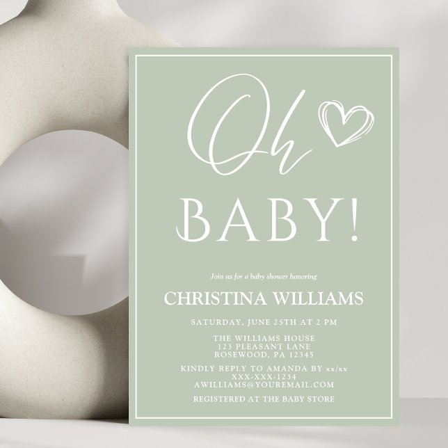Invitation Oh Baby Moderne Simple Sage Baby shower Vert (Créateur téléchargé)