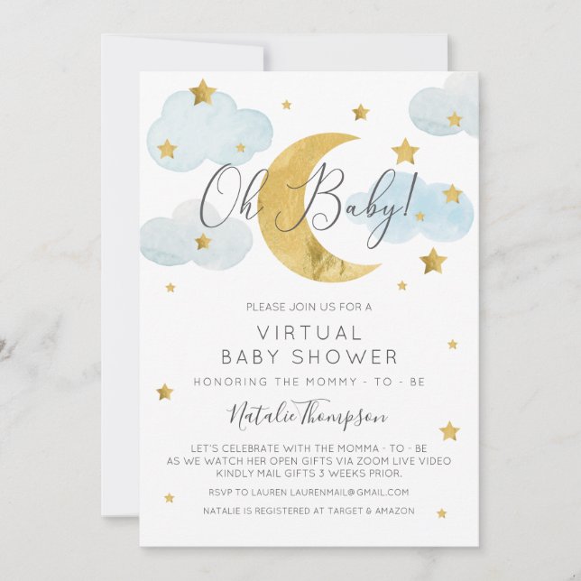Invitation Oh Baby Moon & Stars theme Virtual Baby Shower (Devant)