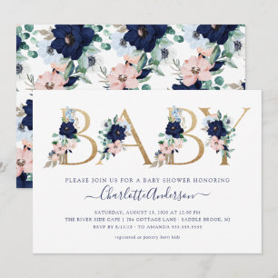Invitation Oh Baby Navy Baby shower floral bleu et bleu