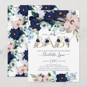 Invitation Oh Baby Navy Baby shower floral bleu et bleu