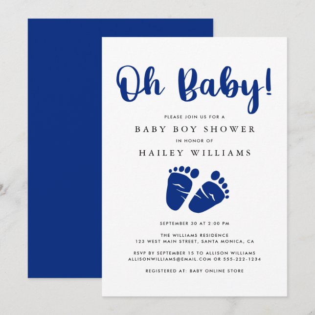 Invitation Oh Baby Navy Blue Baby Feet Douche (Devant / Derrière)